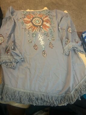 Light Blue Embroidered Boho Tunic with Fringe